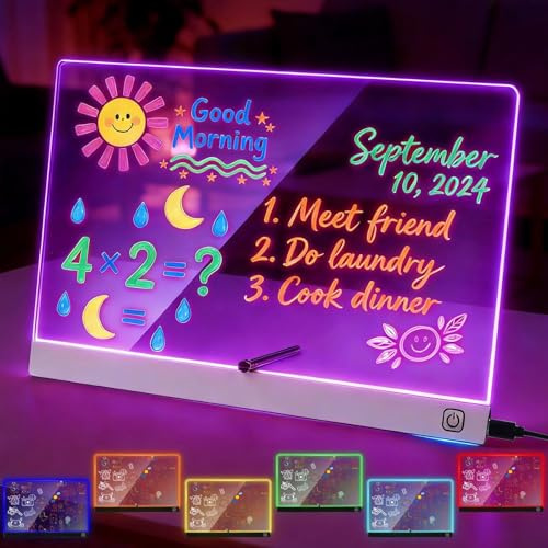 BlueXP Tableau LED DIY Blanc pour Enfants 30×20 cm Tableau lumineux | Acrylique Réutilisable avec 7 Marqueurs Néon 4 Sets Dautocollants Papier histoires Chiffons Cadeau Créatif