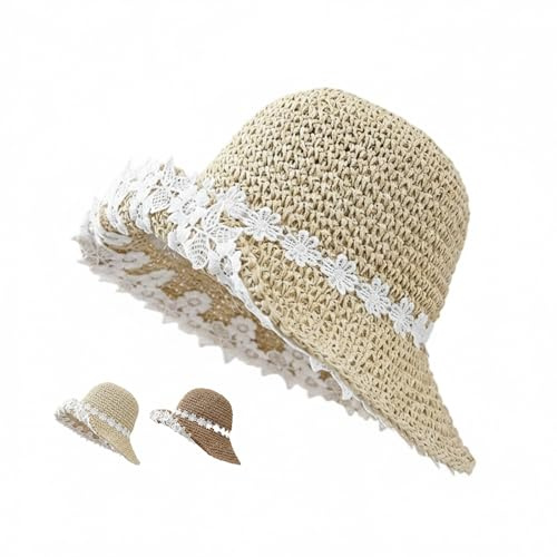 Sombrero de Sol Mujer Playa Verano, Gorro Bucket con Flor de Encaje, ala Ancha Ajustable, Cómodo y Transpirable, Protección Solar, Vacaciones, Playa, Mar(Beige)