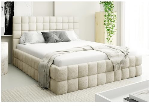 MEBLINI Andrea Polsterbett 180x200 mit Stauraum - Matratze, Lattenrost und Bettkasten - Kopfteil Bett mit Stauraum - Doppelbett - Stauraumbett - Betten - 180x200 - Weiß Milch Boucle/H3