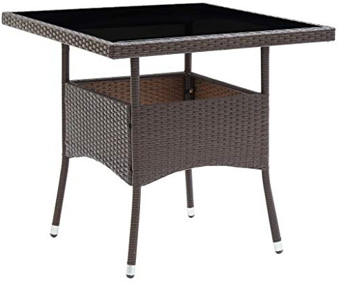 Zeehear Table à manger de jardin en polyrotin marron avec plateau en verre trempé - 80 x 80 x 75 cm - Cadre en acier revêtu par pulvérisation - Résistant aux intempéries - Pour terrasse, balcon