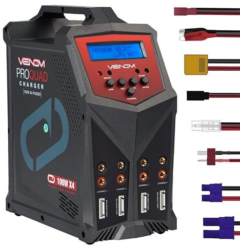 Venom Pro Quad 400 Watt (100W x 4) 7 Amp 4-Port AC/DC Multi-Chemistry LiPo, LiHV, NiMH Battery Balance Charger with Two 5V 2.3A USB Outputs with XT60, Deans, HXT, Tamyia, EC3, JST