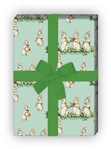 Kartenkaufrausch Süßes Vintage Baby Geschenkpapier Set mit musizierenden Retro Hasen zu Ostern, Geburt, Geburtstag für liebe Geschenkverpackung, DIY Projekte, Basteln, 4 Bogen, 32 x 48cm, hellblau