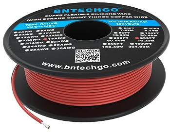 BNTECHGO Bobina de alambre de silicona de calibre 18 de 250 pies, cable de cobre estañado trenzado de 18 AWG, color rojo flexible