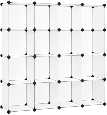 SONGMICS Würfelaufbewahrung, Kunststoff-Würfel-Organizer-Einheiten, modularer Schrankschrank, Bücherregal inklusive Anti-Kipp-Armaturen und Gummihammer, weiß, durchscheinend, 16 Würfel ULPC44L | DIY Schrankschrank, Regal, für Schlafzimmer, Wohnzimmer, Wolkenweiß, Kollektion DAMION ULPC44L