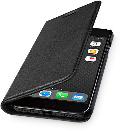 WIIUKA Lederhülle Hülle für iPhone SE (2022/2020) / iPhone 8/7, extra Dünn, Kartenfach, Tasche Schwarz, Premium Leder