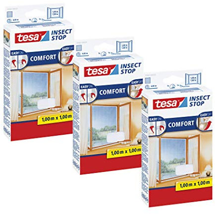 tesa Insect Stop COMFORT Fliegengitter Fenster - Insektenschutz mit Klettband selbstklebend - Fliegen Netz ohne Bohren (100 cm x 100 cm, 3er Pack/Weiß (Leichter Sichtschutz))