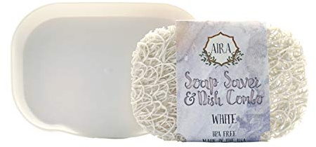 Aira Soap Saver - Dish & Holder Accessory - USA Made - BPA Free Shower & Bath Holder - Drains Water, Circulates Air, Extends Soap Life - Fits All Dish Sets - White Combo