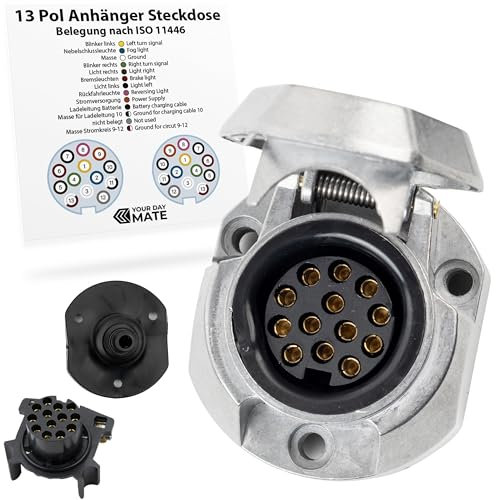 13+1 polige Steckdose, 1 Pack, Alu-Guss-Gehäuse, mit Abschaltautomatik, 13pol Steckdose nach ISO 11446 genormt, Steckanschluss für 12V Systeme, 13 pol Buchse mit Klappdeckel, 13pin Socket kit