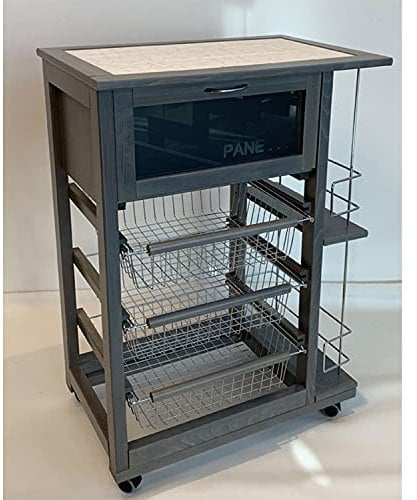 Marvin Carrello Cucina Salvaspazio in Legno di Faggio con Cassetto E Cesti Contenitori Portabottiglie Vino 4 Ruote Girevoli Portapane Portafrutta Portavivande Ripiano Lavoro con Piastrelle (Grigio)