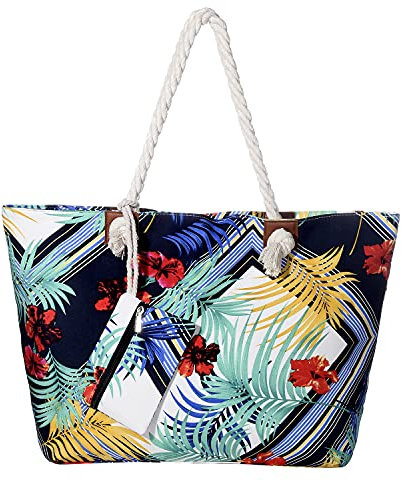 DonDon Strandtasche mit Reißverschluss, Große Strandtasche XXL, Shopper Tasche Damen - Praktische Beach bag Umhängetasche Damen Badetasche für Strand und Meer - Blumen-Kunst