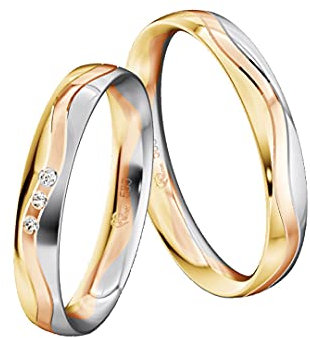 JC Trauringe Gold 585 Tricolor Paarpreis Poliert I Einzigartige Partnerringe in Gelb-, Weiß- & Rotgold mit Gravur in edler Schatulle I 2 Hochzeitsringe Herrenring & Damenring mit Stein I ICT24