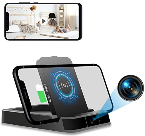 Igzyz Cámara Espía Cargador Inalámbrico, 4K/1080P Cámara Oculta WiFi Ángulo de visión de 160 ° con Visión Nocturna, Mini Cámara de Vigilancia con Detección de Movimiento de Alarma para iOS y Android