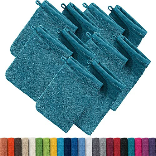 Erwin Müller Waschhandschuh, Waschlappen Heidelberg 10er- Pack, 100% Baumwolle Petrol Größe 15x21 cm - weiche Qualität, saugstark und strapazierfähig - praktisch durch Schlaufe