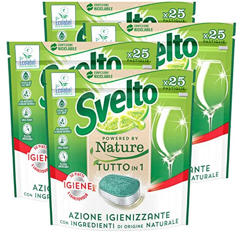 4x Svelto Powered By Nature Tutto in 1 Pastiglie per Lavastoviglie Azione Igienizzante con Ingredienti di Origine Naturale - 4 Confezioni da 25 Pastiglie