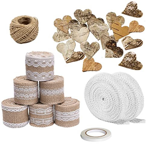 Super Idee 50stk. Birkenherzen + 12 M Juteband mit Spitze + 10 M Spitzenband weiß Vintage + 8 M Doppelseitiges Klebeband + 20 M Bastelschnur für Hochzeitsdeko DIY Basteln Geschenkverpackung