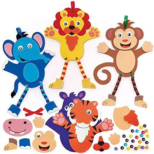 Baker Ross FC919 Moosgummi Dschungel Tier Bastelset mit Perlen für Kinder - 5er Pack, Set für Kinder zum Basteln und Dekorieren, Ideal für Kindergeburtstag Basteln, Mittel