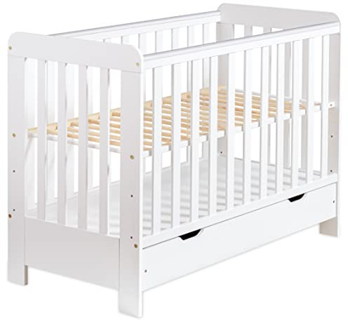 moto-MOLTICO Gitterbett Babybett 2in1 60x120 mit Schublade Schlupfsprossen und Lattenrost Höhenverstellbar Umbaubar zum Juniorbett für Mädchen und Junge - Weiß