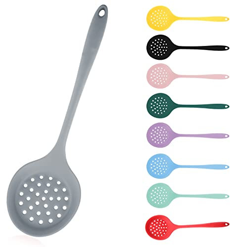 Grey Silicone Slotted Strainer Skimmer - Heat Resistant Non Stick Cooking Spoon