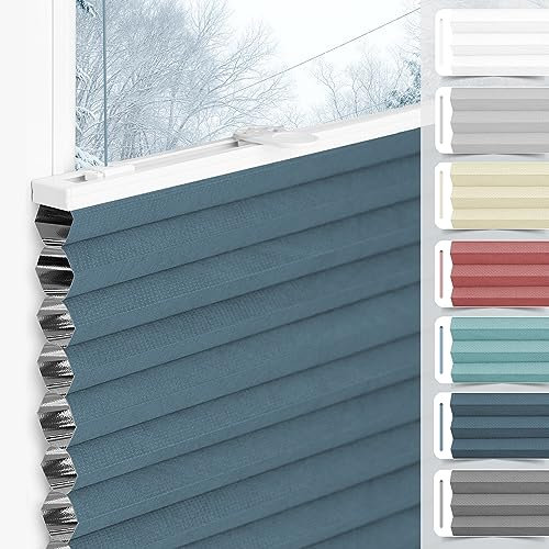 bobodeco Wabenplissee Plissee ohne Bohren Verdunkelung Klemmfix Thermo Verdunklungsplissee, Blau-Weiß 75x120 cm(BxH), 100% Verdunkelnd & Sicht- & Schallschutz, Wärmeisolierung für Fenster & Tür