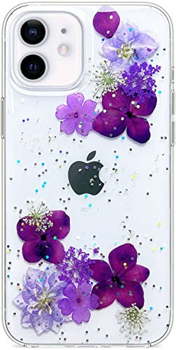 Efitoo Designed for iPhone 12/12 Pro Pressed Flower Case, Cute Bling Glitter Sparkle Clear with Design Soft Silicone TPU Rubber Dried Real Floral Aesthetic Case for Women Girls (Glitter Purple Flower)