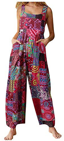 Edhomenn Women Summer Dungarees Multicolor Ethnic Style Square Neck Long Jumpsuit Playsuit Sleeveless Casual Baggy Overalls Rompers (A-Red, L)