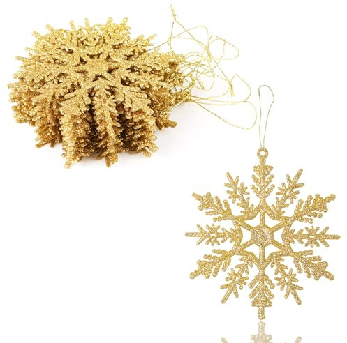 VEYLIN Christmas Hanging Decorations, 12PCS Glitter Snowflake Ornaments for Trees (Gold)