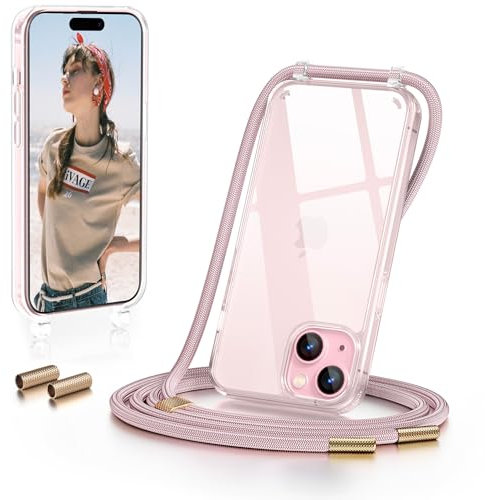 GOODVISH Handykette für iPhone 15 Plus Hülle mit Band 6,7 Zoll, Transparent Necklace Handyhülle mit Kette, Stossfest Schutzhülle [Abnehmbar Umhänge] Stylische iPhone 15 Plus case, Rosé Gold