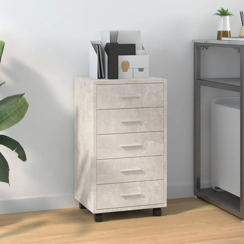 Homgoday Kommode mit Rädern, Grau, Beton, aus mehrschichtigem Holz, Sideboard, Küchenschrank, Aufbewahrungsschrank für Wohnzimmer, Schlafzimmer, Büro