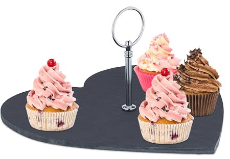 Relaxdays Schieferplatte Herzform, Servierplatte mit Griff, 25 x 25 cm, zum Servieren von Käse, Sushi, Desserts, schwarz