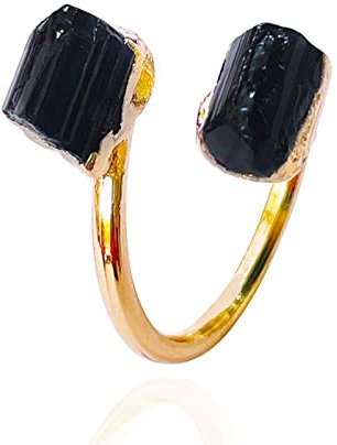 WuLi77 Unregelmäßige schwarze Turmalin-Rohstein-offene Ringe, goldene handgefertigte Fingerringe, Schmuck, verstellbare Größe für Damen und Herren
