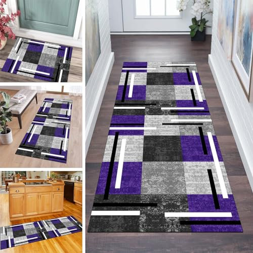QQrunner Läufer Flur Küche Teppich rutschfest Patchwork 110x340CM Küchenteppich Grau Lila Waschbar Meterware Schlafzimmer Korridor Teppichläufer Lang, Länge Anpassbare, 60-120cm Breit