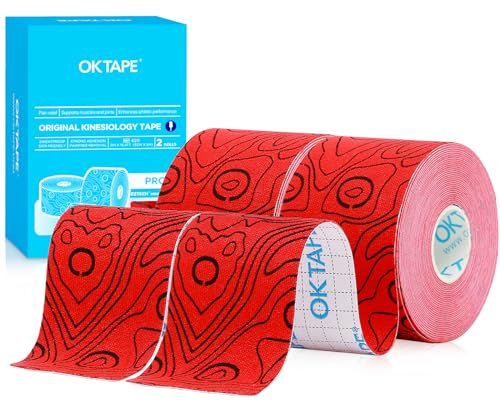 OK TAPE Pro Kinesiologie Tape (5cm x 5m) Wasserfestes Hautfreundliche elastisches Kinesiotape für Knieschmerzen, Ellenbogen und Schulter (2 Rollen,Rot)