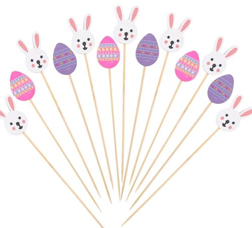 ENLACE Ostern Cocktailspieße 100 Stück Ostern Hase Fingerfood Spieße Holzspieße,Ostern Zahnstocher Holz Cocktail Deko,12cm Ostern Deko Partyspieße Obstspieße für Ostern,Partyzubehör,Geburtstag
