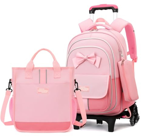 MITOWERMI Rolling Backpack for Girls Elementary School Bag Bowknot Backpack with Wheels Girls Bookbags with Handbag, Style c-3Pcs Pink-6 Wheels, 32 x 24 x 44 cm, 33.79L, 6 Wheels Trolley + Backpack