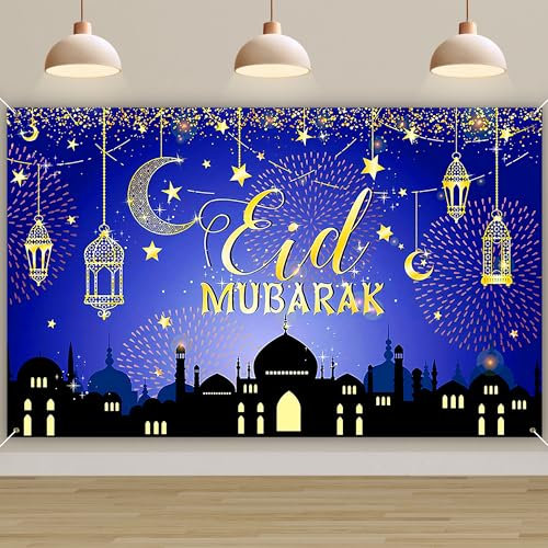 AWCIGG Eid Mubarak Deko Banner, Ramadan Dekoration, Große Eid Mubarak Hintergrund Banner, Muslim Ramadan Eid Al Fitr Partyzubehör Foto Studio Requisiten, 180 x 110 cm