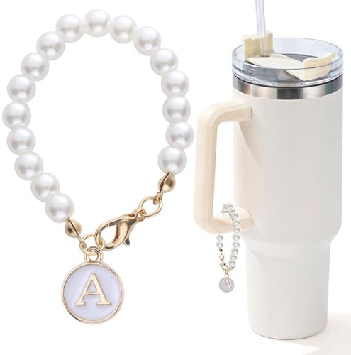 LUHOHI Letter Charm for Stanley Cup，Pearl Chain Accessories Stanley Cup Initial Charms for Handle Stuff Decor Water Bottle Jewelry Tumbler Cute Simple Modern Personalized Name ID Decorations (A)