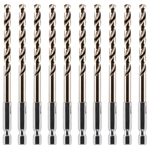 Rennie Tools - Box of 10 x 5mm Hex Shank HSS Gold Cobalt Jobber Drill Bit Set For Stainless Steel, Hard Metals, Aluminium, Cast Iron, Copper. Twist Drill Bit Sets. 5mm Drill Bits Metric Drill Set