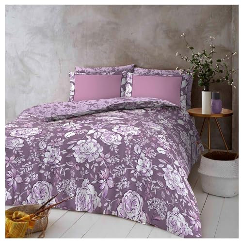 Lions Floral Bedding Set - 4 Piece King Size Bed Duvet Cover with Pillowcase Fitted Sheet, Soft Poly Cotton Reversible Quilt Covers, Purple Lilac