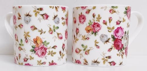 Rainbow Decors Garden Roses Mugs Set 2 Fine Bone China Large Balmoral 15fl oz Delicate Roses Flowers Hand Decorated UK