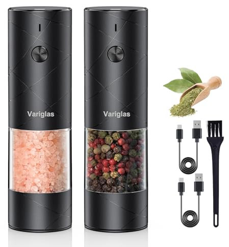 Variglas Salz und Pfeffermühlen Elektrische 2er Set mit USB Wiederaufladbarer,Verbesserte große Kapazität Gewürzmühle elektrisch,Einstellbare Grobheit,LED-Licht(01B)