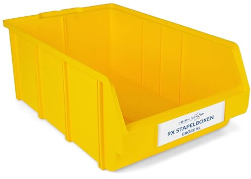 HMH Stapelboxen der Größe XL 489x304x185mm für dein Kleinteilelager, Sortierkisten in 5 Farben, Zubehör wie Deckel Trennsteg Beschriftungsfach Etikett Wandschiene Sichtkästen (Gelb, 9 Stück)