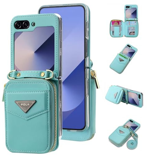 Jeelar ESONG LederHülle für Samsung Galaxy Z Flip 6 Tasche,Reißverschluss Brieftasche Schutzhülle mit Band/Kartenfäche/ständer,Z Flip 6 Wallet Cover Case Stoßfeste Handyhülle für Frau/Damen-Blau