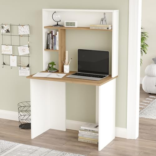 [en.casa] Schreibtisch Tópisa mit Regal Bürotisch Computertisch mit DREI Ablagefächer 149 x 90 x 52 cm Arbeitstisch für Homeoffice/Arbeitszimmer Eiche/Weiß