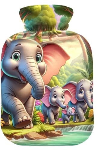 Cartoon Elephant Hot Water Bottles Water Heating Pad Hot Water Bag for Hot and Cold Compress, 1L