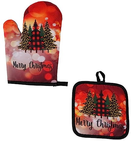 CAXUSD Oven Glove Set Sage Green Red Grey Pink Apron Oven Gloves Decorative Placemat for Christmas