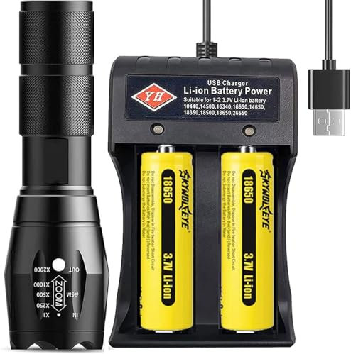 VISVIC Bright Flashlight,Two Rechargeable 18650 Batteries with 2-Slot USB Universal Battery Charger,Torch Battery Charger Set Ideal As a Gift,Adjustable,Zoomable, 5 Modes, Water Resistant Light