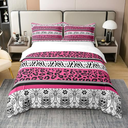 Homemissing Zebra Leopard Streifen Bettbezug Set Schwarz Damask Bettwäsche Set 135x200cm Kinder Schwarz Damask Betten Set 100% Baumwolle Exotisch Zuckerschädel Bettdeckenbezug 2Stück