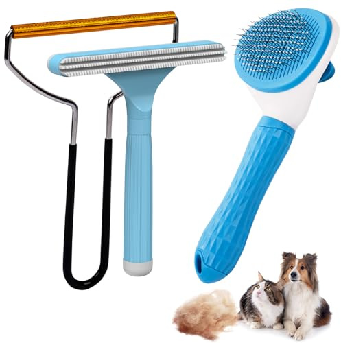 Analan 3 in 1 Pet Grooming & Hair Removal Kit - Dogs&Cats Brush,Rubber&Metal pet hair removal for Dog and Cat Hair Removal, Perfect for Furniture, Carpets, Sofas, and Bedding.(Sky Blue)