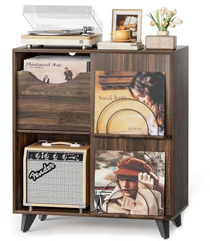 Bikoney Record Player Stand with Vinyl Display and 2 Drawers, Wooden Turntable Side Table and TV Stand Cabinet, Fits All Record Players and Speakers, Vinyl Record Storage for Living Room or Bedroom