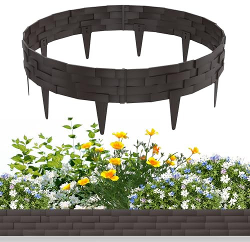 YRHome 10m Steinoptik Rasenkante Kunststoff Beeteinfassung Gartenpalisade Beetumrandung Mähkante Garten Beetbegrenzung Blumenbeet Umrandung Flexible Beetzaun Gartenpalisade - Braun